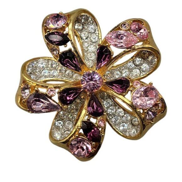 Nolan Miller Brooch Amethyst Purple & Clear Crystals Double Layer Gold Tone - Picture 6 of 15